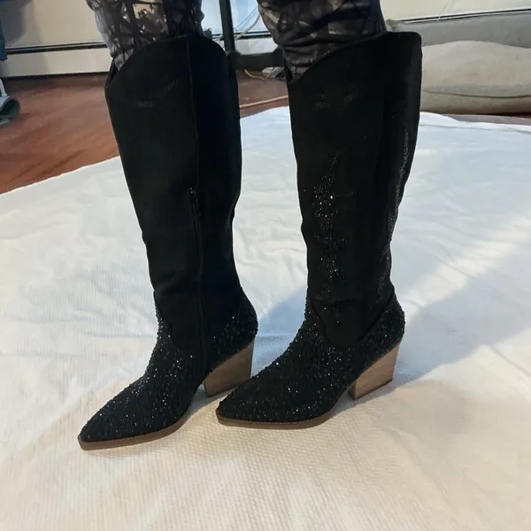 Elegant Black Glitter Heeled Boots Size 8.5 - Image 9