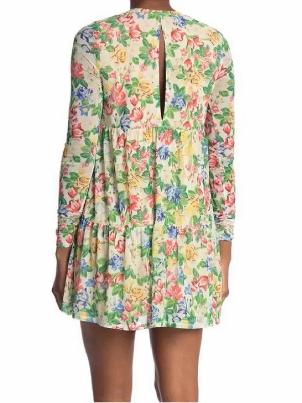 AFRM Floral Mesh Tiered Mini Dress‎ Small Long Sleeve Babydoll Multicolor - Image 2