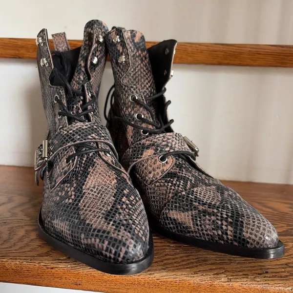 AllSaints Katy Snakeskin Leather Buckle Boots Brown Black Pointed Toe Size‎ 40 - Image 3