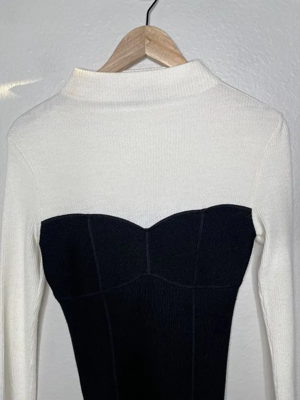 Theory Ribbed Knit Colorblock Bustier Seamtop Sweater Black White Med - Image 2
