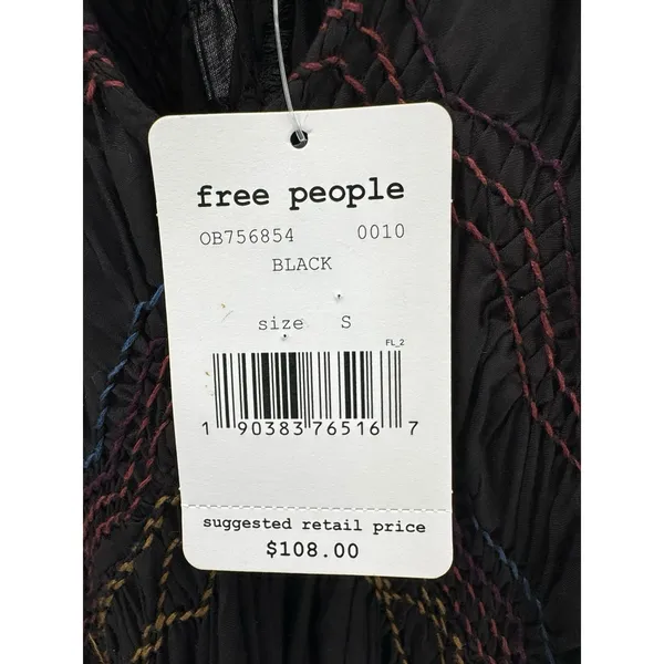 Free People Black Rainbow Smocked Boho Mini Dress S Ruched‎ Embroidered NWT - Image 10
