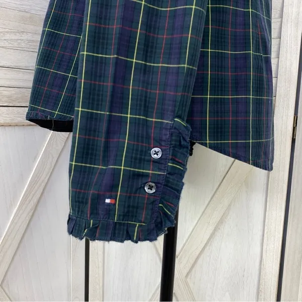 Tommy Hilfiger Plaid Ruffle Cuff Trim Button Front‎ Shirt Green Navy Medium - Image 8