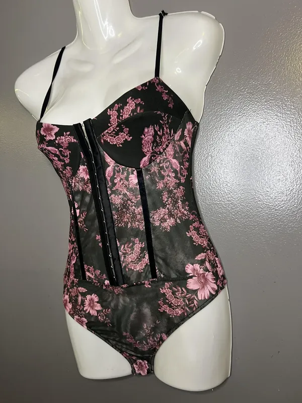 Free People Bodysuit Womens Small Black Combo Floral Mesh Front Hook Corset - Image 4