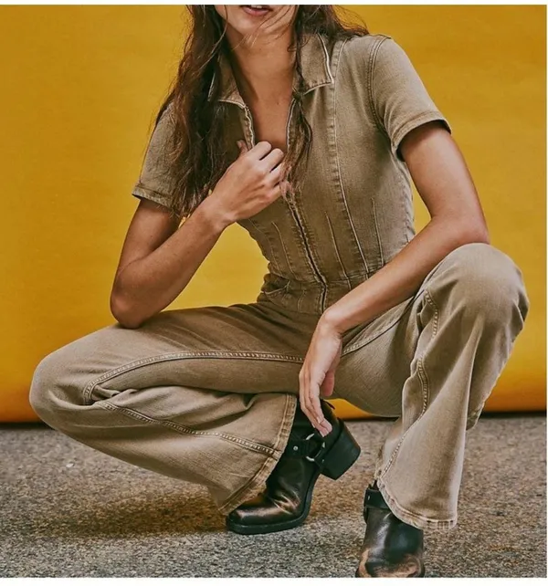 NEW Free People We The Free Jayde Flare Jumpsuit Pier 17 khaki Size Large - Image 3