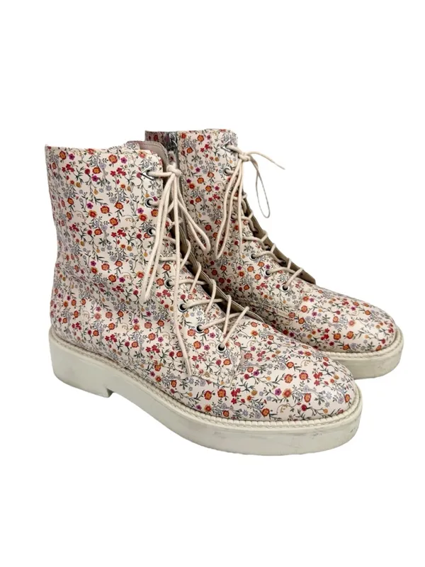 Schutz McKenzie Napa Mini Floral Lace Up Zipped Combat Boots Cream Size‎ 8.5 - Image 2