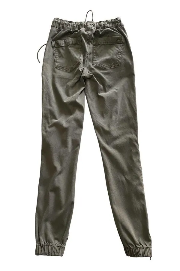 American Eagle -ARMY GREEN JOGGER PANTS-SIZE 2 Elastic waist with drawstring, zip front, two front and two back pockets, elastic ankles with a side zipper, excellent condition Measurements: Waist: side to side 13-16 inches Rise: 9 inches Inseam: 37 inches - Image 8