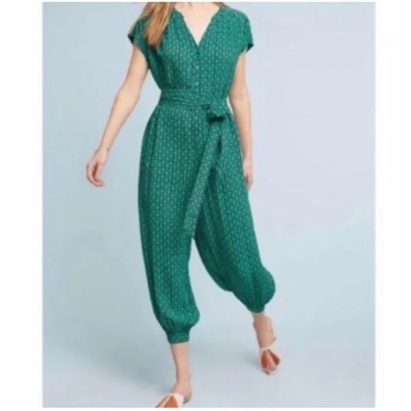 Maeve Geoscope Jumpsuit Small Green Blue Boho Graphic Print Button Front Belted - Image 16