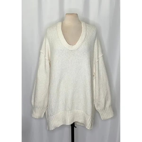 FREE PEOPLE‎ Brookside Tunic Sweater Ivory Slouchy Solid Knitwear Scoop Large - Image 2