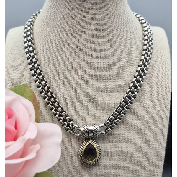 Choker Collar Pendant Necklace Silver Tone Double Box Chain Smokey Teardrop 16" - Image 3