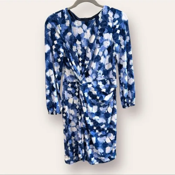 London Times Petites Blue Abstract Print Knot Front Dress – Size 4P - Image 2