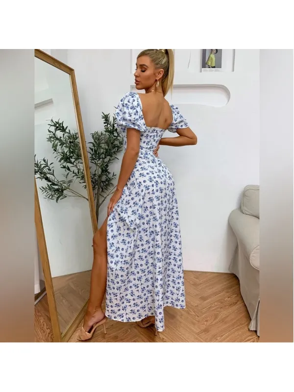 NEW Puff Sleeve Floral Split Maxi Flowy A Line Beach Dress M $59 - Image 7