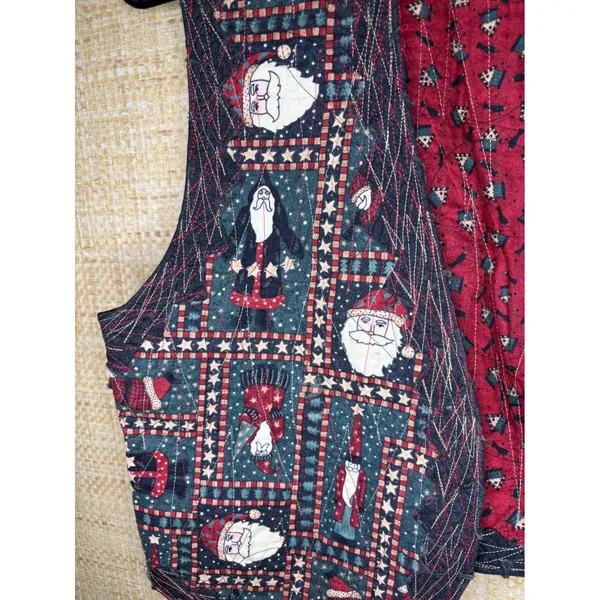 Handmade Reversible Quilted Christmas Vest Santa Claus Folk Art Red Green L - Image 2