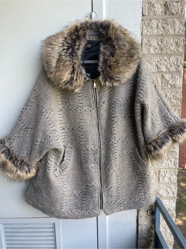 Taupe Knit Zip-Front merino wool Women's Sweater Cape with Faux Fur Trim - Image 2