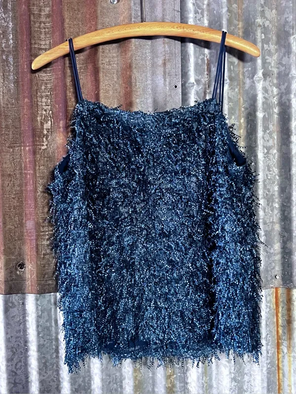 Anthropologie Sunday in Brooklyn Cami Feathered Tank Top L Lined Fringe Blue NWT - Image 3