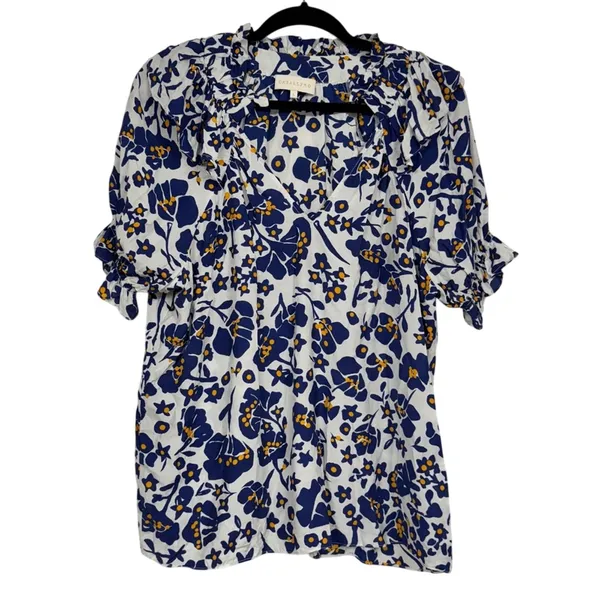 Cabellero Blue White Floral Silk Blend Blouse Womens L Puff Sleeve Boho Shirt - Image 2