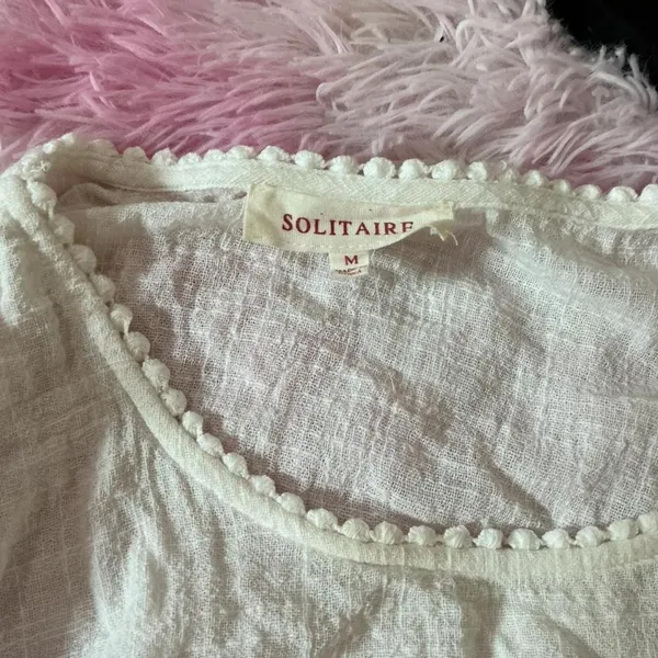 Solitaire Festival Boho Lace Hem Gauze‎ Blouse Womens M White Crochet Pom Top - Image 4