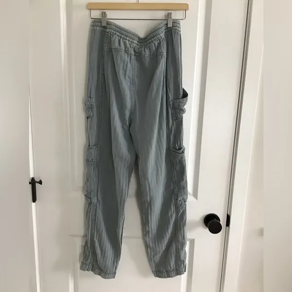 Free People Washed‎ Blue Drawstring Cargo Linen Cotton Blend Pants Size XS - Image 3