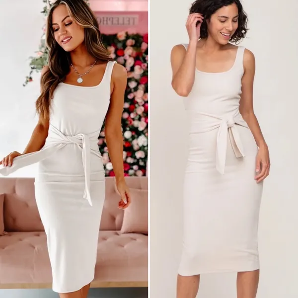 Lena Ribbed Bodycon Tie Waist Midi Tank Dress Sz S 💚🎀 - Image 5