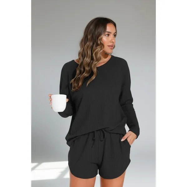 Fantaslook Womens Pajama Set Size L Black Waffle Knit Loungewear Top and Shorts - Image 3