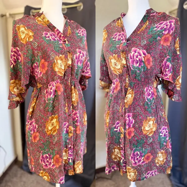 Champagne & Strawberry Silk Floral Paisley Mini Dress Womens Small Burgundy Boho - Image 10