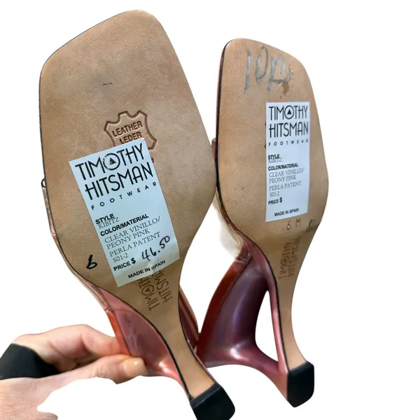 Timothy Hitsman Pink Feather Bird Heels Size 6M Clear Strap Sculptural Y2K Mules - Image 10