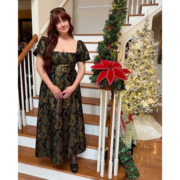 NWT Hill House The Matilda in Black Gold Bird Brocade Smocked Dress XXS - Image 6