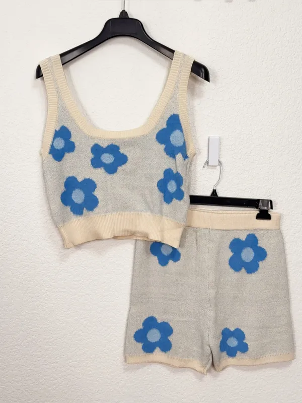 Miss Sparkling Blue Floral Knit Tank Shorts Set XL Two Piece Lounge Matching Set - Image 7