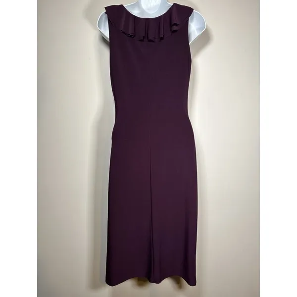 Lauren Ralph Lauren Dress Purple Ruffle‎ V-Neck Sleeveless Sheath Classic Size 4 - Image 4