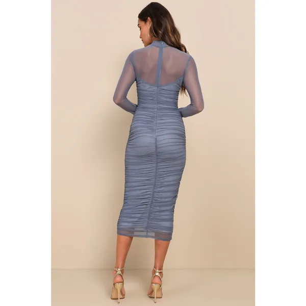 NWT Lulus Impressive Flirt Slate Blue Mesh Ruched Mock Neck Midi Dress Size S - Image 3