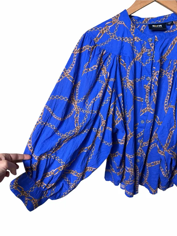 Maeve Anthropologie Blue Chain Print Balloon Sleeve Button Front Blouse XL - Image 3
