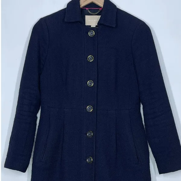 Banana Republic‎ Navy Coarse Cotton Weave Button Front Overcoat Women's XS - Image 3