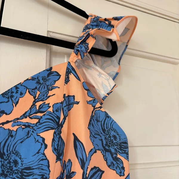 Alice + Olivia Jade Ruffled Floral Midi Dress Coral Blue Lace‎ Illusion Size 12 - Image 11