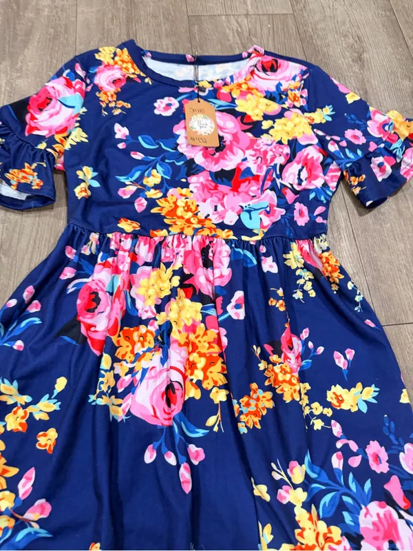 Navy Floral Ruffle Sleeve Women’s Dress - Image 8