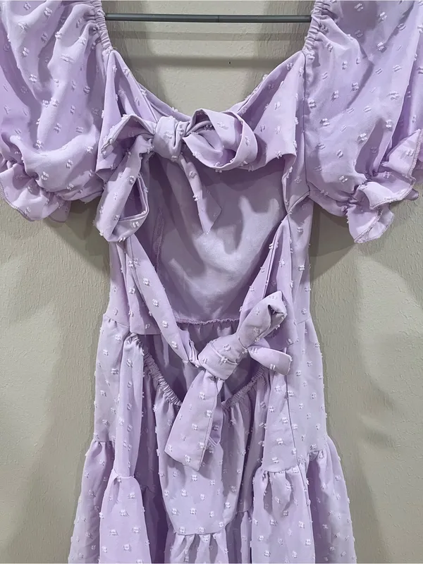 SHEIN Lilac Purple Swiss Dot Tie-Back Puff Sleeve Mini Dress Size XS - Image 3