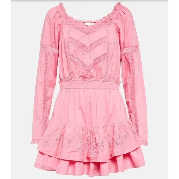 LoveShackFancy Sanaya Dress XL Vivid Pink‎ Long Sleeve Ruffle Tiered Lace Trim - Image 16