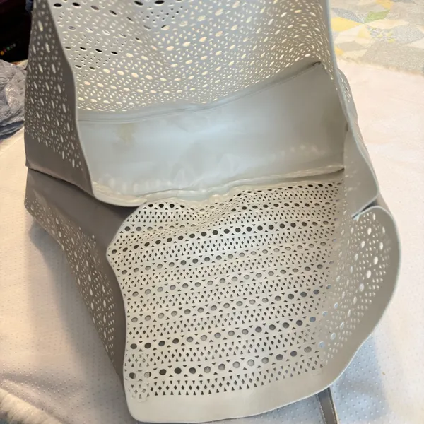 Saks Fifth Avenue Silver Laser Cut Tote Bag Reusable Shopping Bag - Image 11