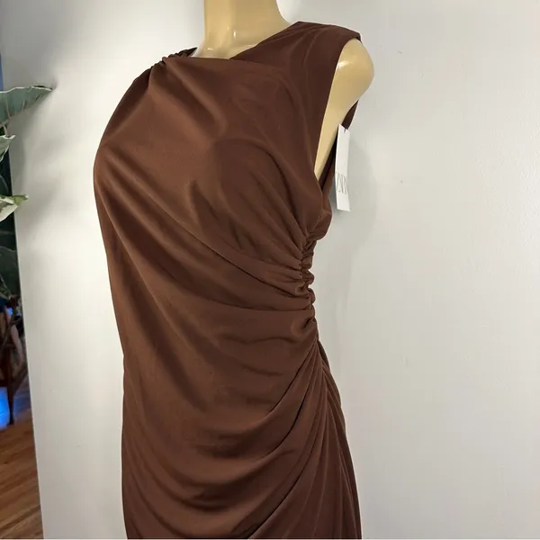 New Zara Bodycon Brown Dress Sz XXL Ruched Sleeveless Chic NWT - Image 2