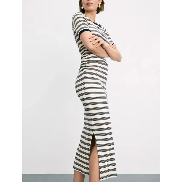Ganni Blue White Striped T-Shirt Dress SMALL Ruched Knit Designer $325 Flaw - Image 2