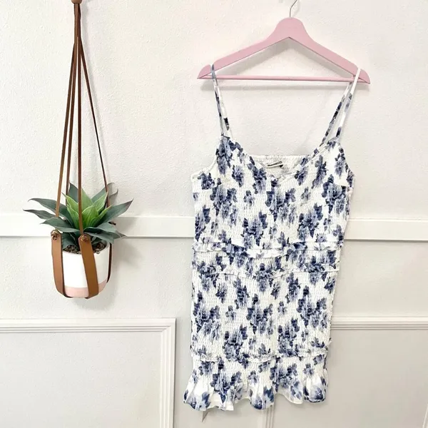 NWT Abercrombie & Fitch Smoked Floral Mini Dress XXLT Ivory Blue Coastal Romance - Image 2
