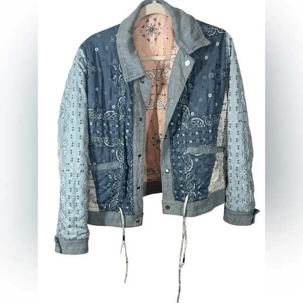 BLANK NYC Reversible Quilted Denim Jacket Large Blue Floral Snap Front Coat - Image 13