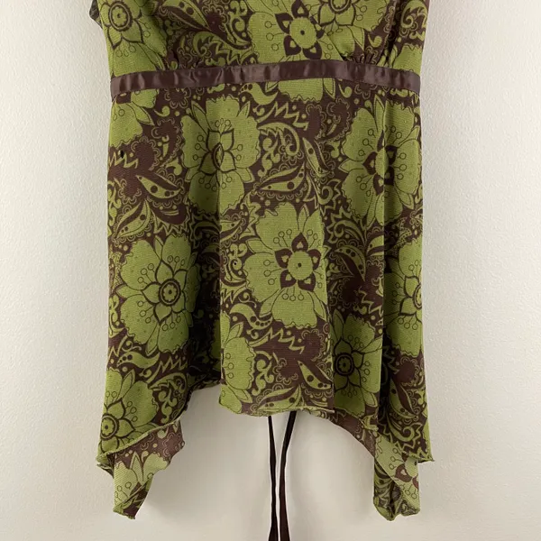 Hot Tempered Y2K Olive Green Brown Floral Paisley Mesh V Neck Asymmetrical Tank - Image 6