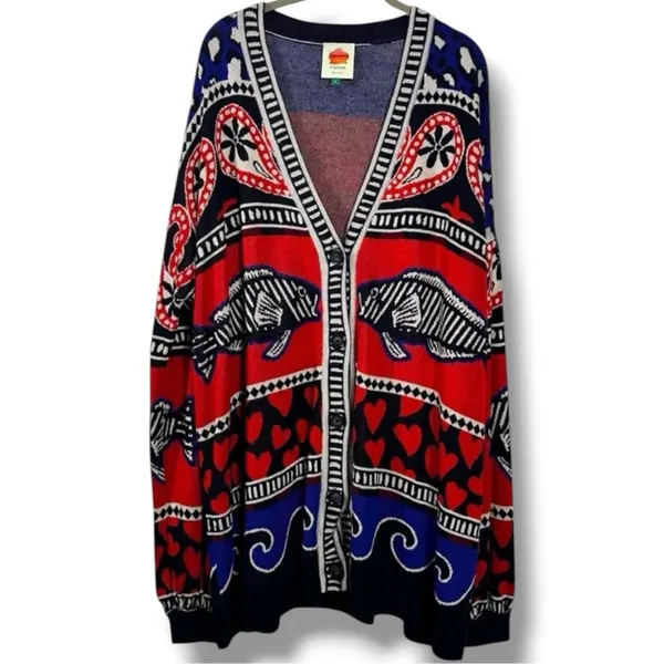 Farm Rio Art to Wear Fair Isle Knit Cardigan Sweater Hearts Fish Waves Large - Image 4