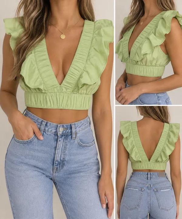 Abercrombie & Fitch Ruffle Crop Top Small Green Deep V Cottagecore - Image 2