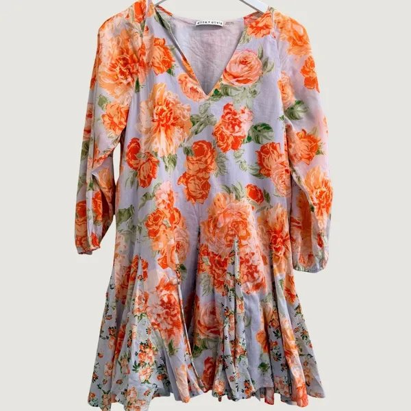 Alice + Olivia PALI Floral Mini Dress Cotton V-Neck Mix Print Size 2 - Image 3