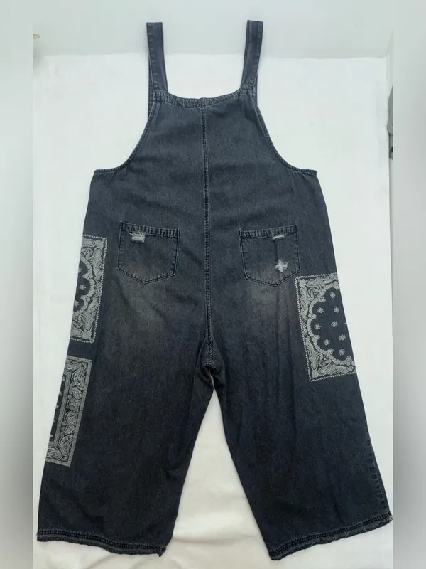 EASEL Lg Washed Black Denim Overalls Paisley Bandana Distressed Wide Leg - Image 4