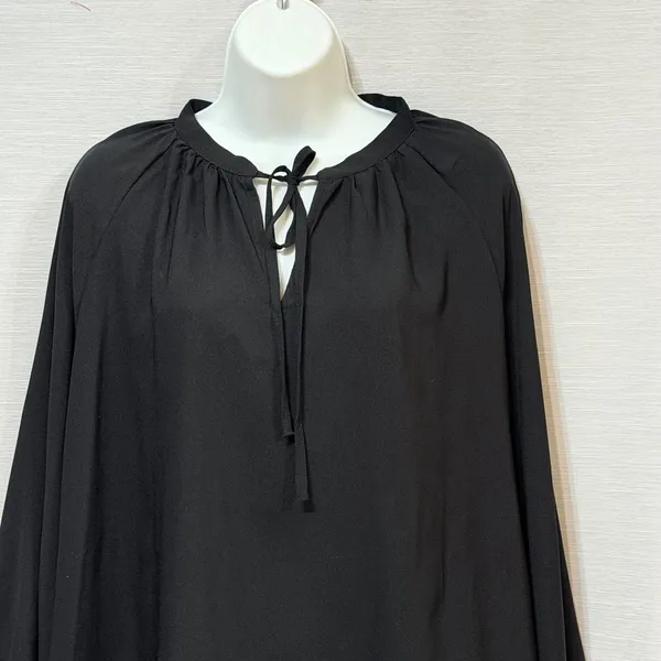 Ann Taylor Womens XL Black Tie Neck Peasant Blouse Long‎ Raglan Sleeve Top - Image 3