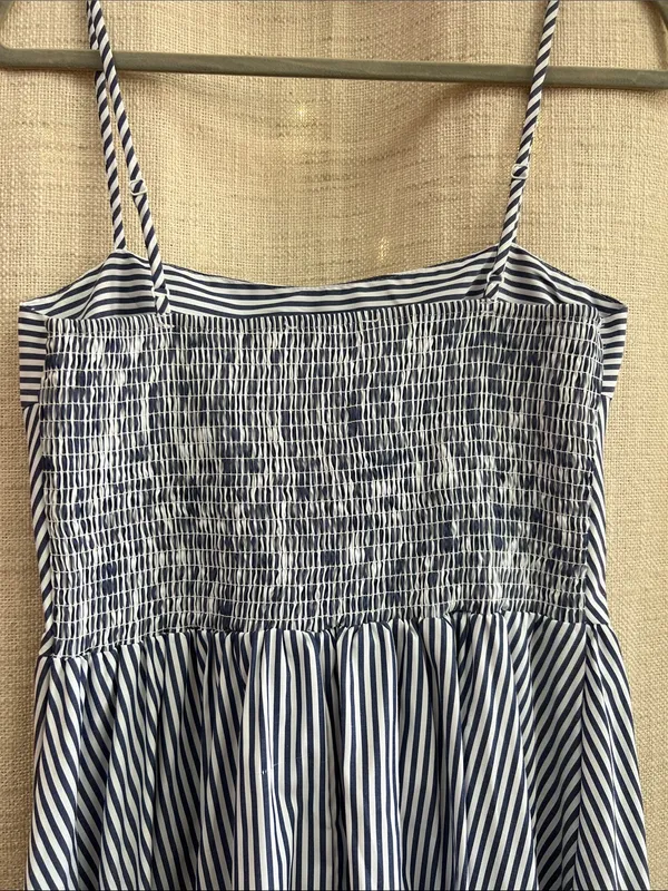 Navy White Striped Midi Dress Spaghetti Strap Size L - Image 9