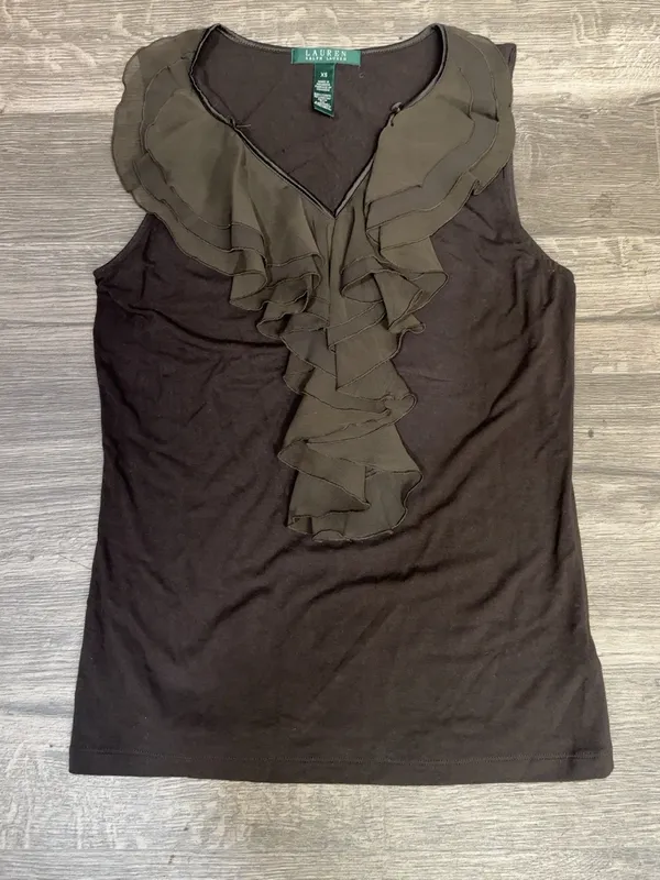 Lauren Ralph Lauren XS Brown Sleeveless Ruffle Front Stretch Top - Image 2
