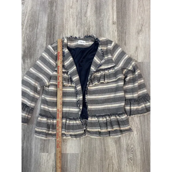 Sugarlips Striped Tweed Ruffle Jacket Navy Cream Frayed Edge Womens Size‎ Medium - Image 4