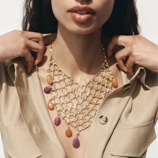 Zara Mesh Net Bib‎ Gold Necklace Resin Beads Bohemian Resort - Image 3